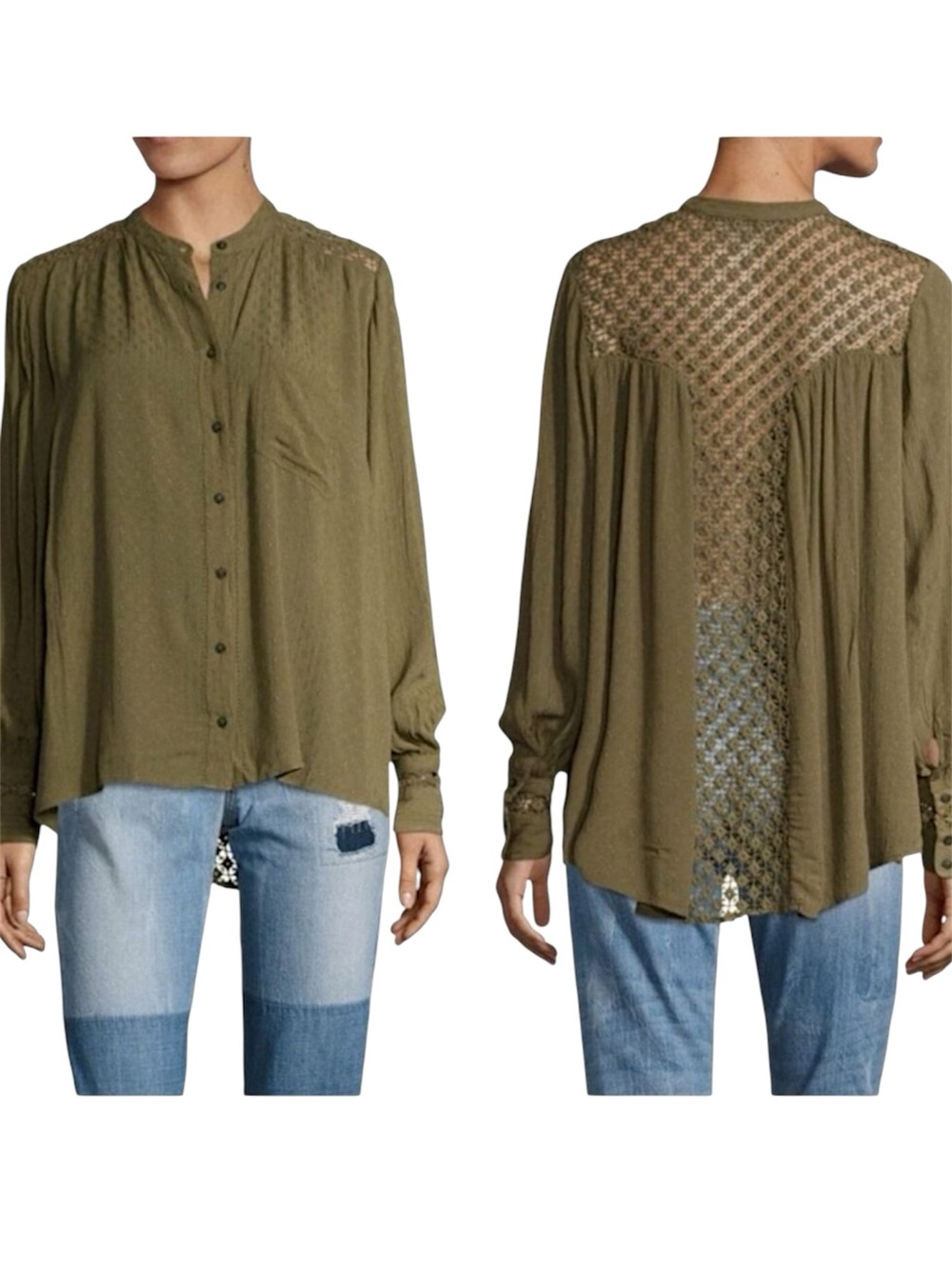 Free People The Best Olive Crochet Lace Button Down Boho Festival Blouse Medium - Picture 1 of 10